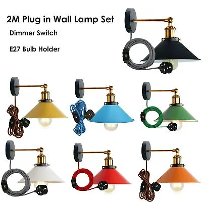 Vintage Industrial Wall Light Metal Lampshade Plug In Wall Lamp Dimmer Switch UK • £16.89