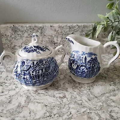 Myott Royal Mail Staffordshire Ironstone Blue Ware  Cream & Sugar Bowl Set • $19.99