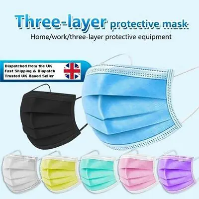 3 Ply Disposable Protective Face Masks Non Surgical/medical Colours 1-100 Pieces • £4.39