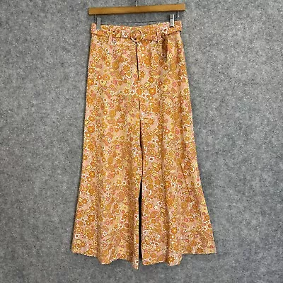 Ghanda Womens Boho Design Paisley Linen Mix Belt Waist Wide Crop Pant 10/S (1927 • $26.25