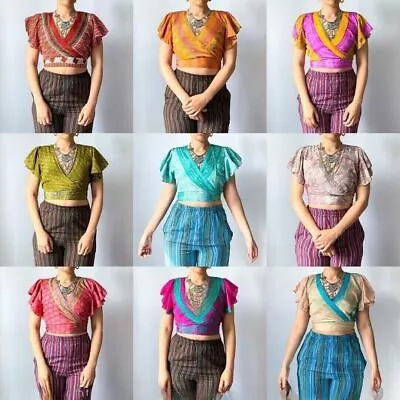 Wholesale 15Pc Indian Vintage Silk Sari Short Sleeve Crop Top Retro 60s Clothing • $267.41