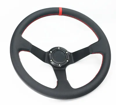 Deep Dish 350mm 6 Hole Leather & Stitch Racing Jdm Steering Wheel & Horn • $42.99
