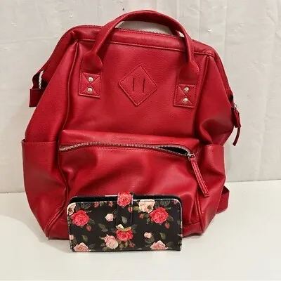 Women’s Red Leather Backpack & Floral Wallet • $30