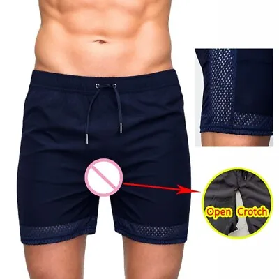 Men Open Crotch Shorts Gay Sport Double Seamless Zipper Couple Sweatpants Pants • $14.99