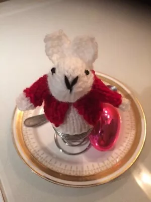 Hand Knitted Easter Bunny Egg Cosy Cover White Rabbit Dark Red Coat • £2.75