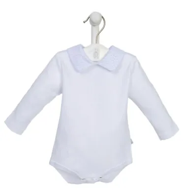 Baby Boy Long Sleeve White Body Vest With Blue Fleck Collar Newborn 0-3 Month • £11.99