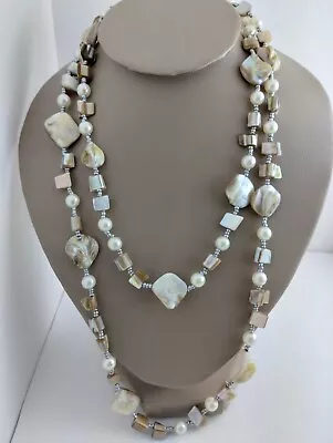 Mother Of Pearls Large Shell Necklace  36 Inches Beaded Necklace  • $23.99