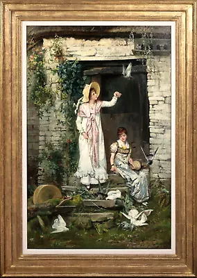 Large 19th Century English Ladies Feeding The Birds By CHARLOTTE J WEEKS • £9000