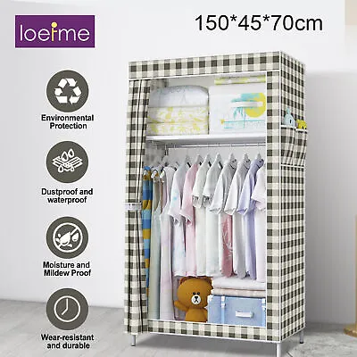 LOEFME Fabric Canvas Wardrobe W/Hanging Rail Clothes Shelves Storage Cupboard UK • £14.49