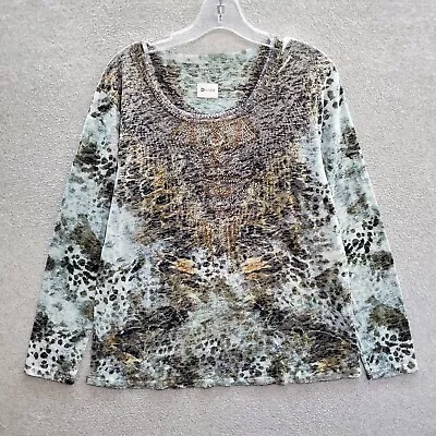 Essentials Milano Women Top XL Brown Leopard Shirt Rhinestones Long Sleeve • $11.82