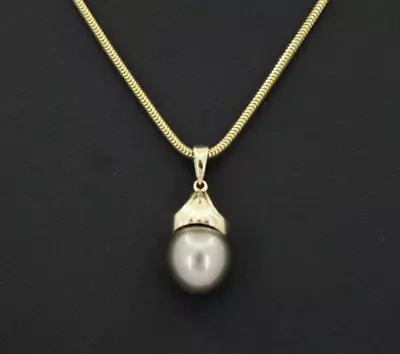 Mikimoto 14k Yellow Gold 9.7mm Tahitian Pearl Pendant W/ 16  Snake Necklace • $674.99