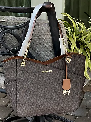 Michael Kors Jet Travel Large X Chain Shoulder Tote Bag Mk Brown Signature Logo • $124.99