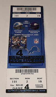 9/21/03 Vikings Lions NFL Season Logo Ticket Stub Coney Island Ford Field • $18.74