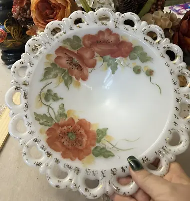 Milk Glass Cake Platter Hand Painted Floral With Lace Edge • $20