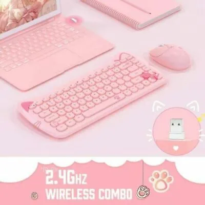 Cute Cat Keyboard Mouse ​Combo Wireless 84 Key Typewriter For Office&game Mac UK • £20.69