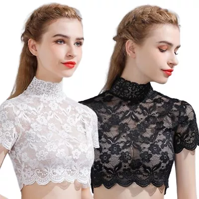 Women Turtleneck Detachable Collar Floral Lace Short Sleeve Half Shirt • £7.39