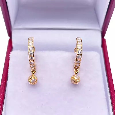 22ct Yellow Gold Cubic Zirconia Drop Ball Hoop Huggies Earrings • £235