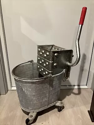 Vintage Galvanized Steel Mop Bucket With Mop Wringer On Wheels Primitive Worn • $65