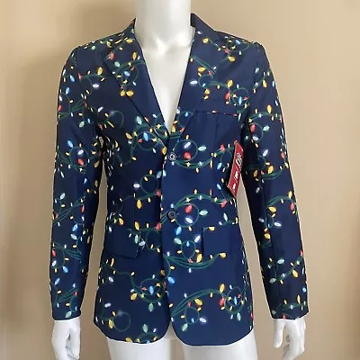 Mens CHRISTMAS Lights Bulbs Stars Blue Jacket Blazer 2 Button Sz Small • $26.24