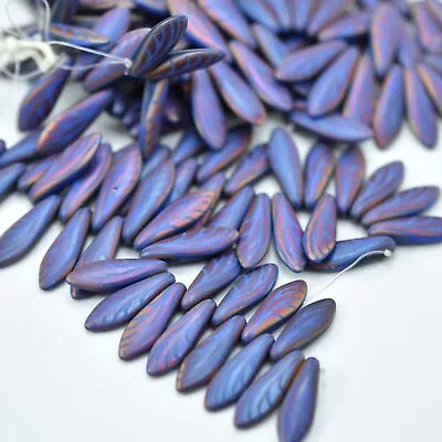 25 Beads - 5x16mm Dagger Royal Blue Matte Wing Laser - Czech Glass Beads • $5.99