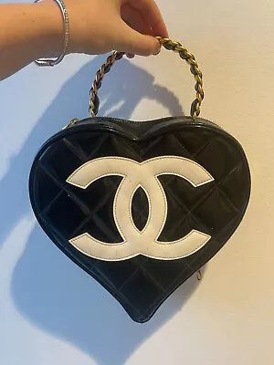 Chanel Vintage Black Patent Leather Heart Vanity Handbag 1995 • $12000