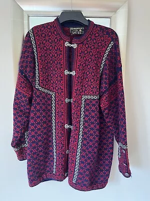 Vintage Norlander Nordic Wool Knitted Scandinavian Cardigan Red/ Navy Large VGC • £29.99