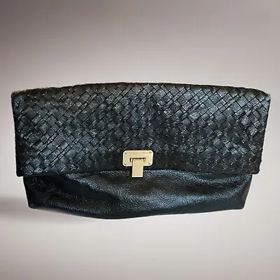 Elliott + Lucca Black Woven Leather Folding Top Convertible Clutch Bag Purse • $33.99