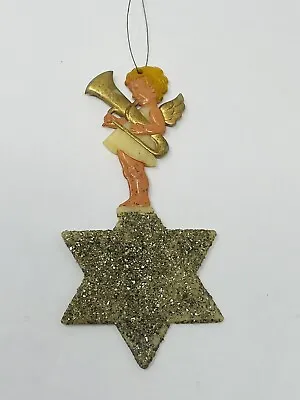 Vtg German Celluloid Mica Glitter Angel Stars Orchestra Trumpet German Ornament • $26.99