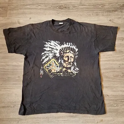 Vintage Native American Chief Graphic Print Single Stitch T-Shirt Black Large • £14