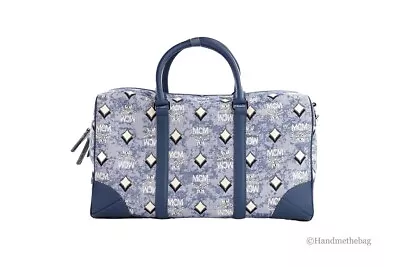 MCM Boston Medium Blue Vintage Denim Fabric Duffle Bag Crossbody Bag Purse • $519