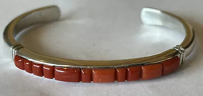 Signed Native American Sterling Silver Mediterranean Red Coral Cobble Inlay Cuff • $295