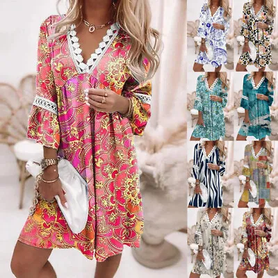 $29.99 • Buy Women Boho Floral V Neck Long Sleeve Sundress Ladies Casual Holiday Beach Dress