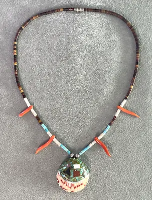 Vintage Santo Domingo Spiny Oyster Shell Turquoise Multi Necklace Inlay Sterling • $119.99