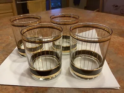 4 Vtg Culver Devon Blk & 22kt Gold Double Old Fashion Striped Glasses Free Ship • $75