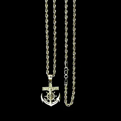 Mens 10K Gold Jesus Anchor Cross Charm Pendant With 2.5mm Rope Chain Necklace • $259.99