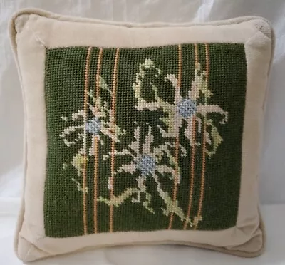 Vintage Small Floral  Needlepoint Pillow 9” Green Cream ☆Nice • $22.40