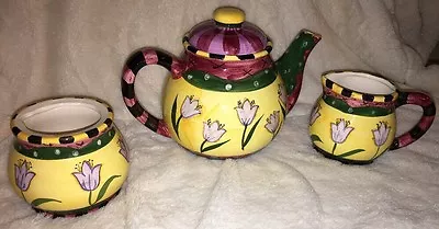 Milson & Louis Hand Painted Whimsical Flower Teapot Cream & Sugar Yellow Green • $22.99