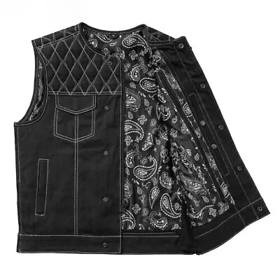 New Men's Hunt Denim Club Biker Motorcycle Quilted Paisley 14oz Black Denim Vest • $149.99