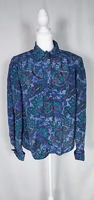 Vintage 80s Womens Top Petite Purple Paisley Satin Button Long Sleeve Blouse S M • $12.15