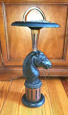 Vintage Horse Head Standing Ashtray Metal Wood  & Clear Glass Insert Appx 25  • $174.50