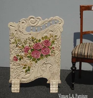 Vintage French Country White Wood Pink Floral Fireplace Screen Room Decor • $374