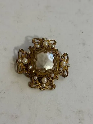 Vintage Miriam Haskell Gold Tone Metal & Faux Pearls Maltese Cross Pin / Brooch • $250