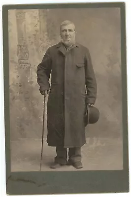 Circa 1880'S Cabinet Card Handsome Older Man Long Coat Holding Bowler Hat Cane • $19.99