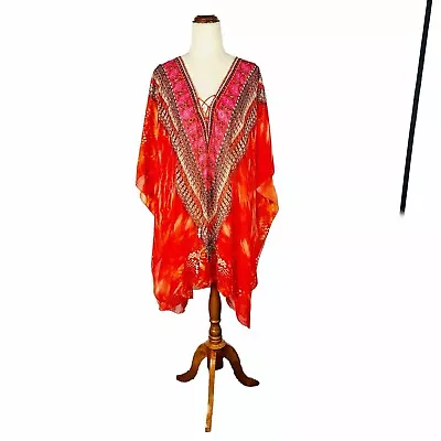 CZARINA Sunset Kaftan Short Mini Dress Embellished One Size Red Orange V-Neck • $99