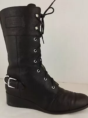 Michael Kors Women Black Leather Lace Up Side Zip Round Toe Mid Calf Boots Sz 10 • $49.99