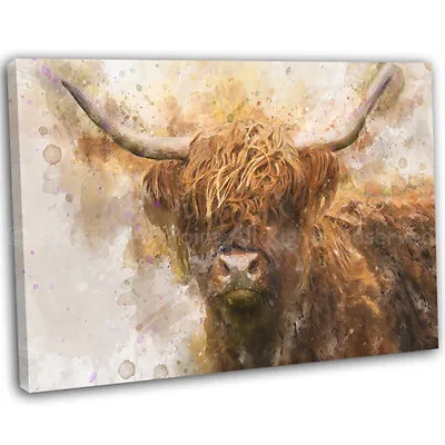 Highland Cow Watercolour Canvas Print Framed Animal Wall Art Picture .3 • £17.99
