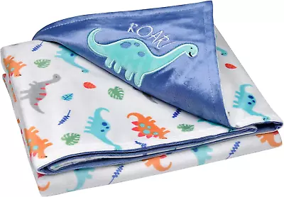 2 Ply Silky Mink Embroidered Baby Blanket Reversible Dinosaur Print Roar Dino  • $16.99