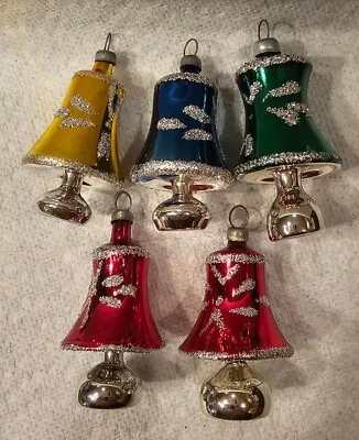 Lot Of 5 Vintage Mini Blown Glass Bell Feather Tree Christmas Ornaments • $24.99
