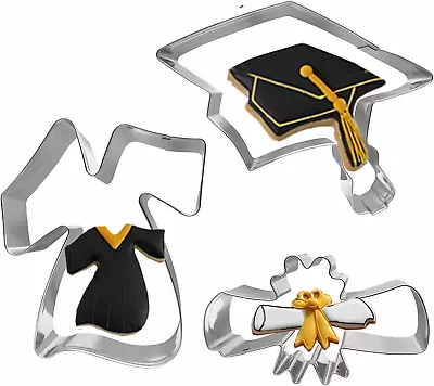 3Pcs Graduation Cookie Cutters Stainless Steel Molds Graduation Cap Gown Dipl • £13.49