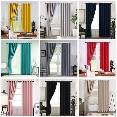Thick Thermal Blackout Ready Made Eyelet Ring Top Pair Curtains Panel +Tie Backs • £15.99